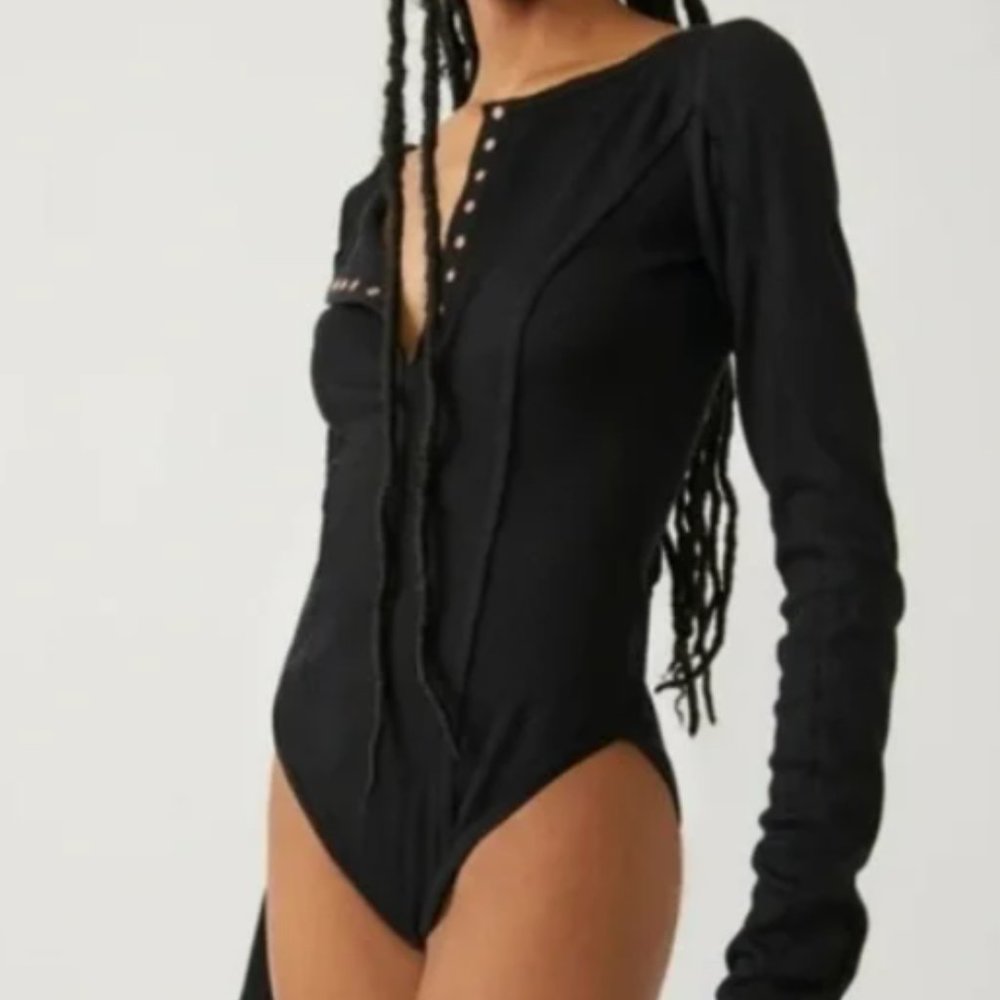 Free People Slooan Henley Bodysuit, Black